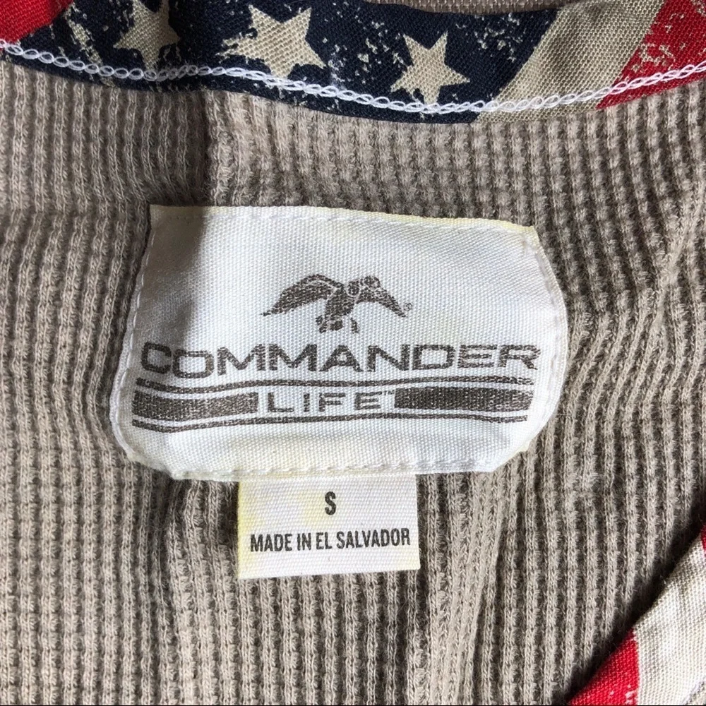 Thermal Tee V neck Stars and Stripes Trim Long Sleeves NEW Tan Red White Blue